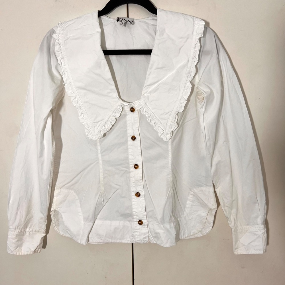 Ganni Poplin V Neck Shirt Women 34 White Organic Cotton Ruffle Peter Pan Collar - Picture 2 of 9